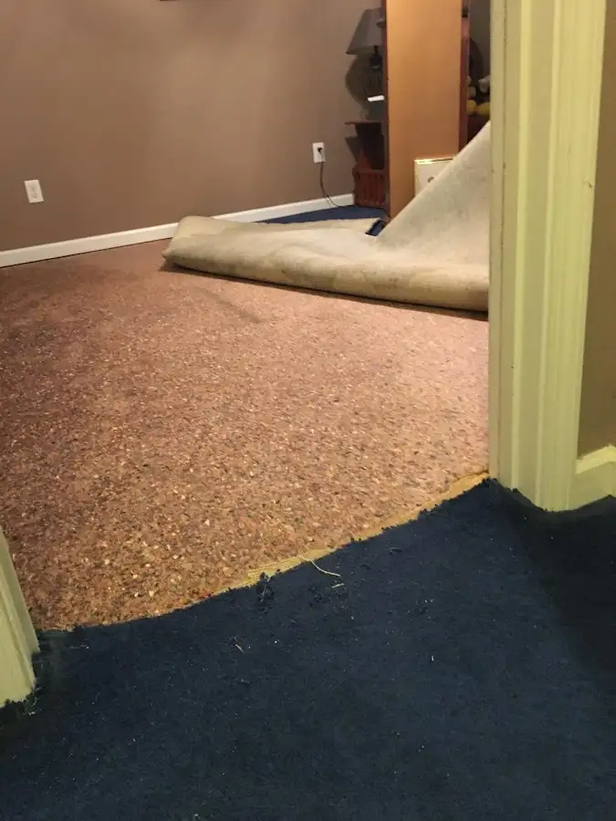 Carpet pad removal revealing water damage during Water Mitigation Services in Kansas City